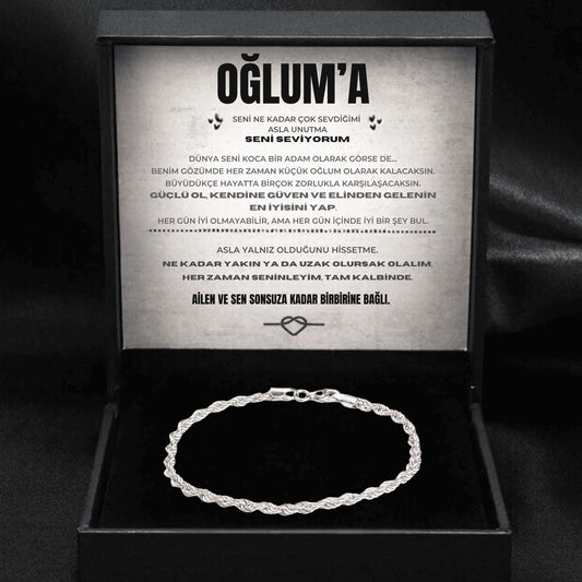 ''Oğluma'' Erkek Çelik Zincir Bileklik Anlamlı Not ve Kutulu
