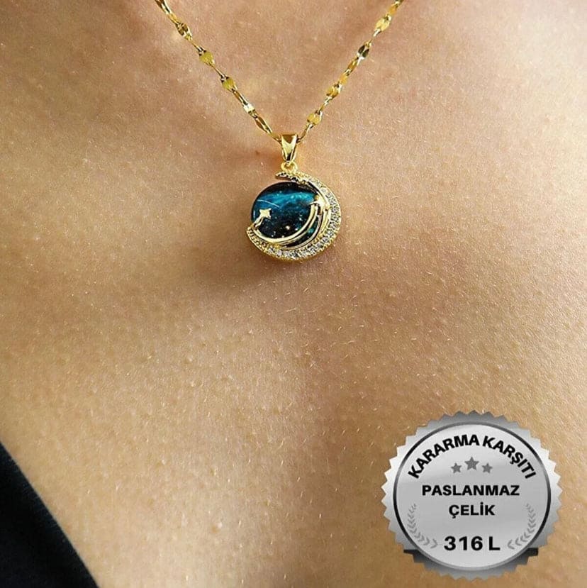 ''Kızıma'' Yıldızlı Gökyüzü Gezegen Kolye Anlamlı Not ve Kutulu