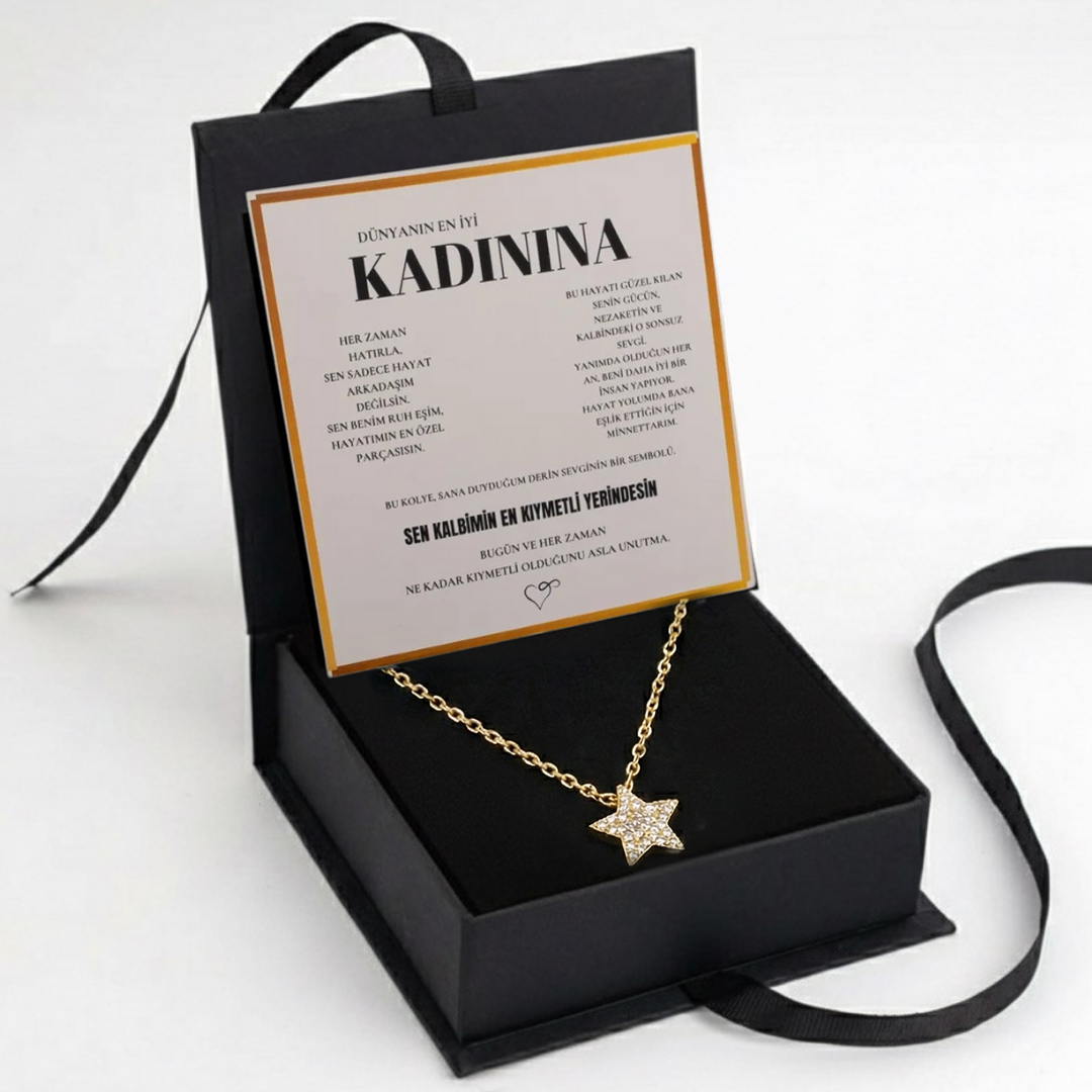 "Kadınına" Elmas İşlemeli Star Kolye Anlamlı Not ve Kutulu