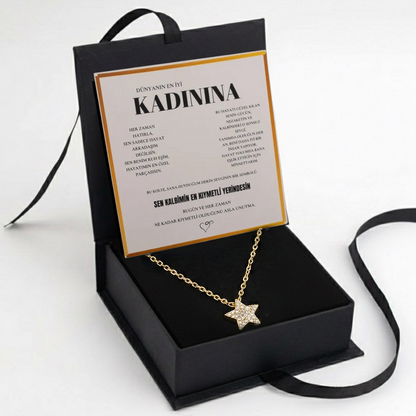 "Kadınına" Elmas İşlemeli Star Kolye Anlamlı Not ve Kutulu