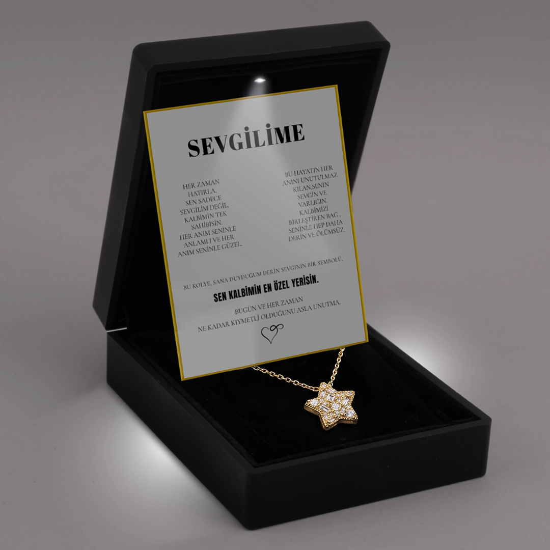 "Sevgilime" Elmas İşlemeli Star Kolye Anlamlı Not ve Kutulu