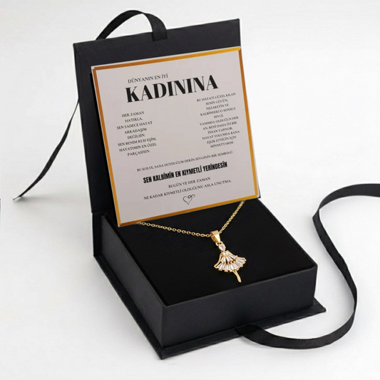 "Kadınına" elmas işlemeli balerin Kolye Anlamlı Not ve Kutulu