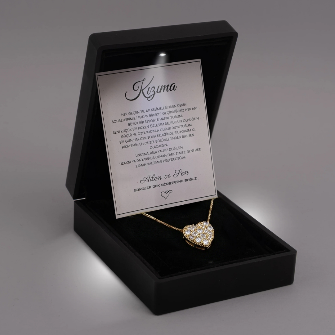"Kızıma" Elmas İşlemeli Kalp Kolye Notlu ve Kutulu
