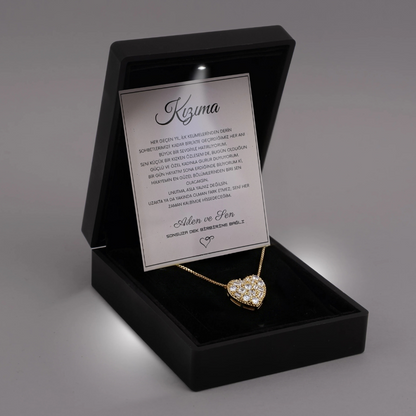 "Kızıma" Elmas İşlemeli Kalp Kolye Notlu ve Kutulu