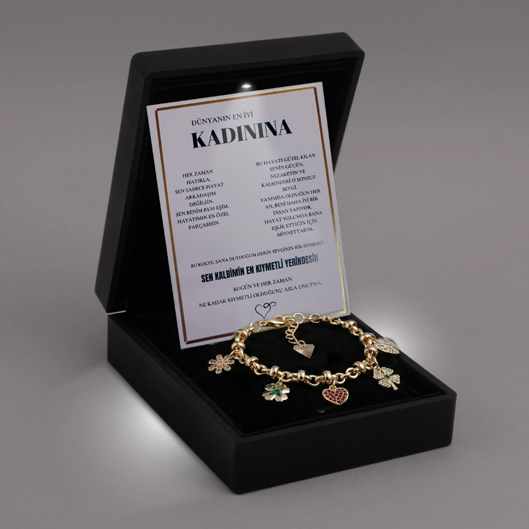 "Kadınına" Şans Temalı Bileklik Notlu ve Kutulu