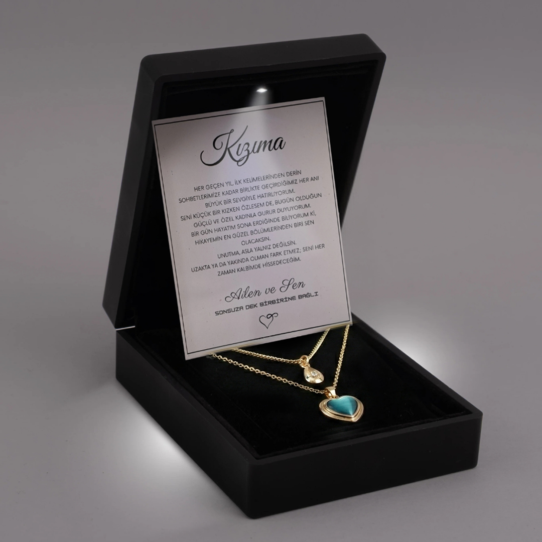 "Kızıma" Deniz Mavisi İkili Kalp Kolye Anlamlı Not ve Kutulu
