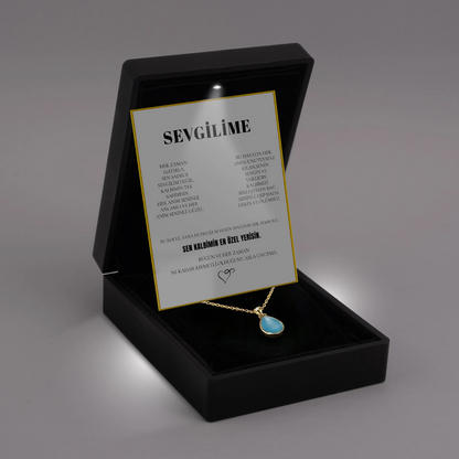 "Sevgilime" Deniz Mavisi Doğal Taşlı Damla Kolye Anlamlı Not ve Kutulu