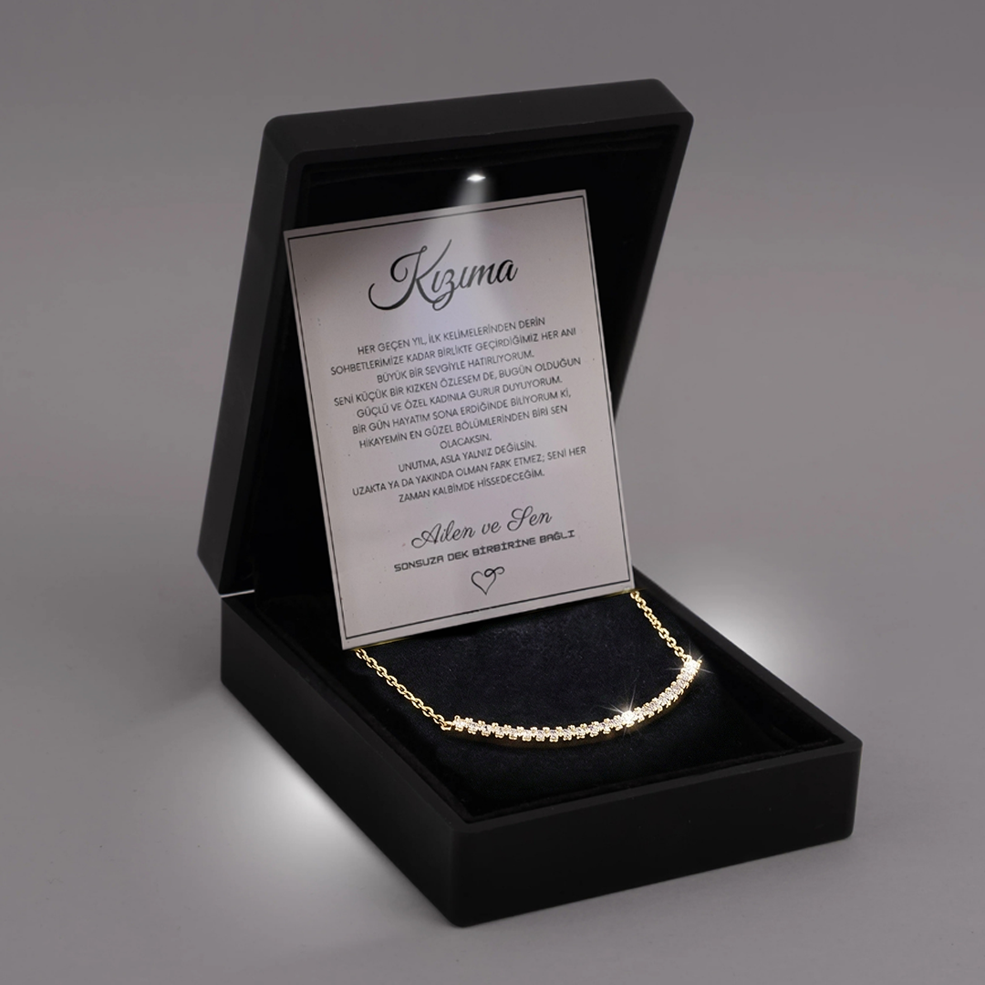 "Kızıma" Sıra Taşlı Gold Renk Kolye Anlamlı Not ve Kutulu