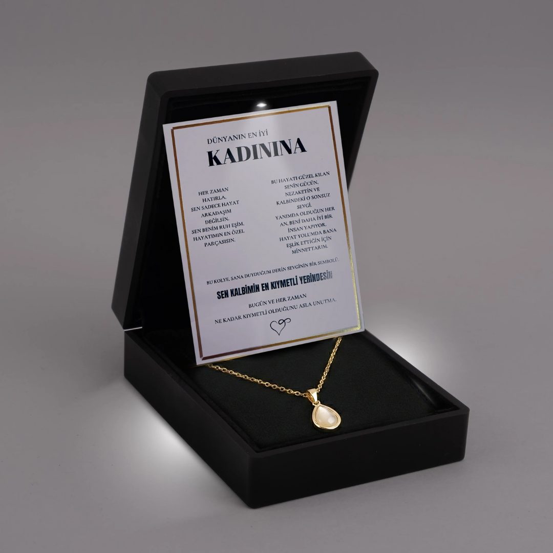 "Kadınına" Doğal Taşlı Damla Kolye Anlamlı Not ve Kutulu