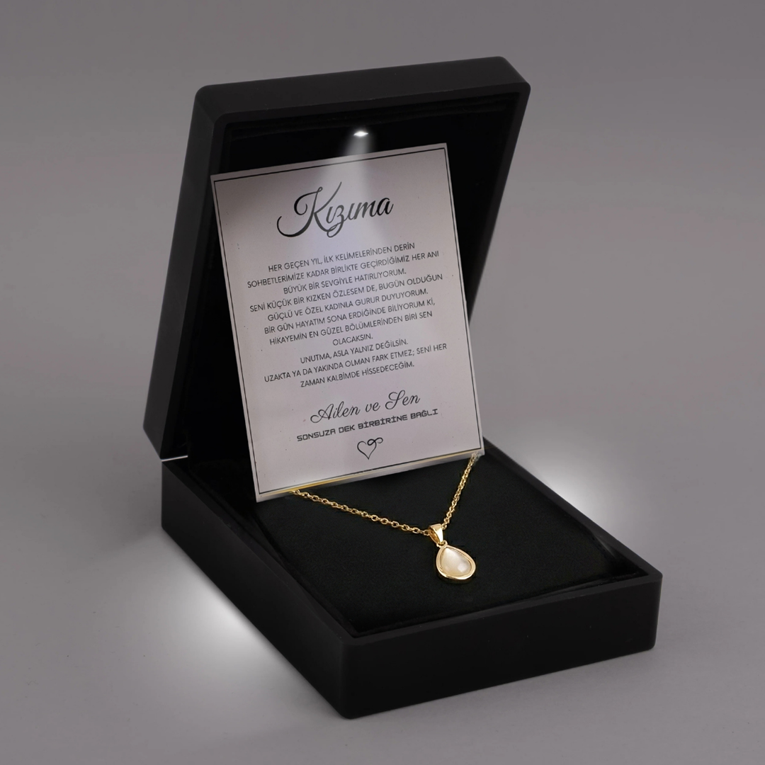 "Kızıma" Doğal Taşlı Damla Kolye Anlamlı Not ve Kutulu