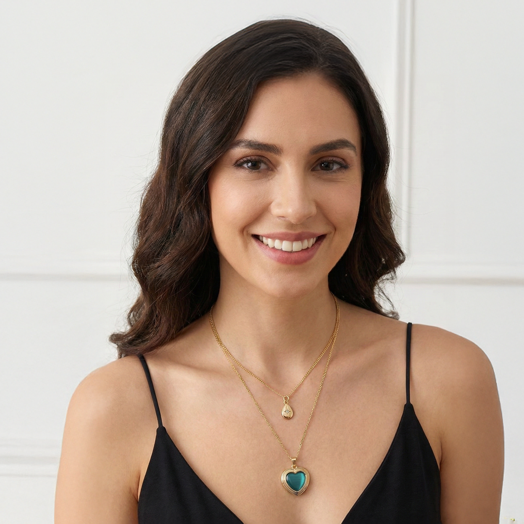 "Kadınına" Deniz Mavisi İkili Kalp Kolye Anlamlı Not ve Kutulu