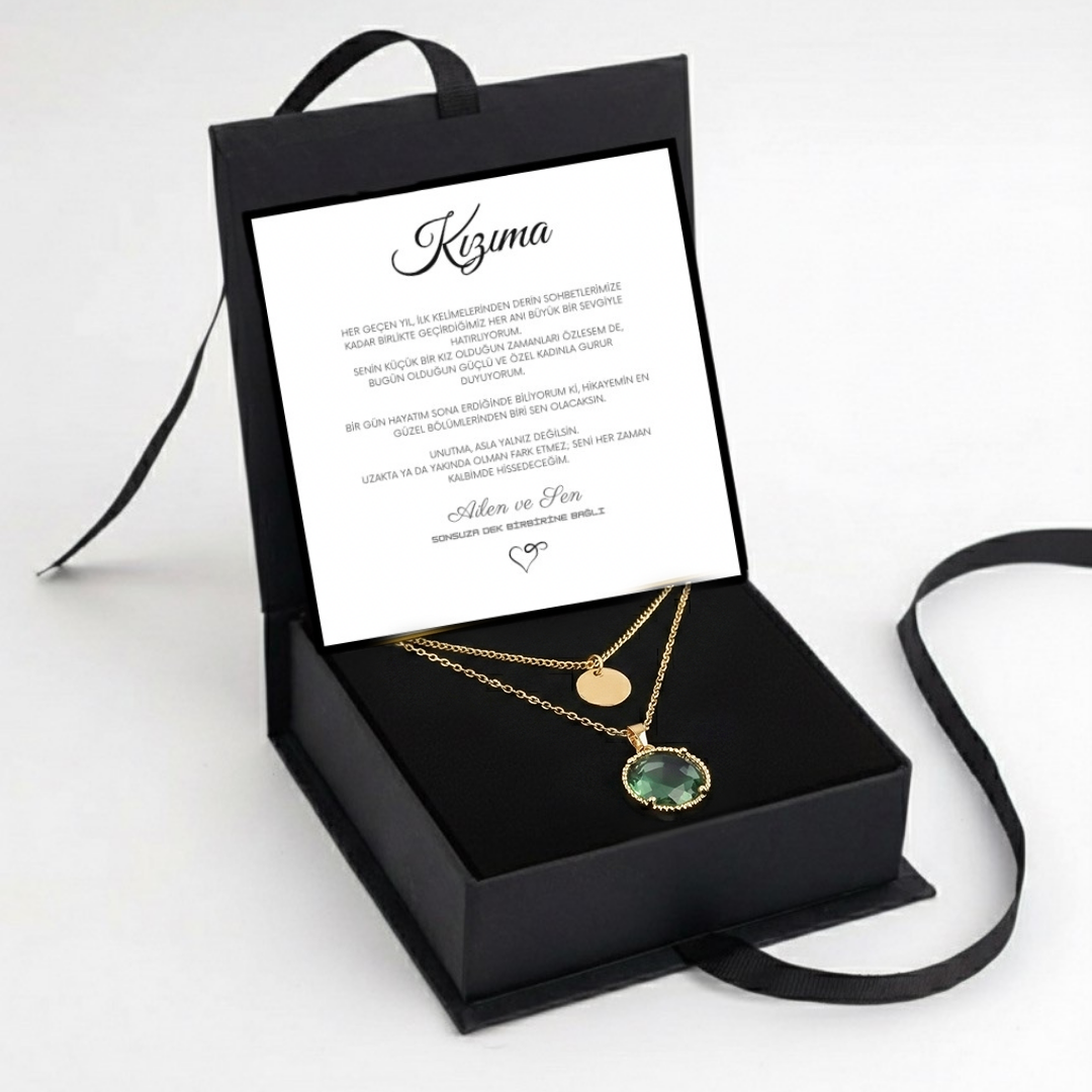 "Kızıma" Zümrüt Renk Damga Kolye Anlamlı Not ve Kutulu