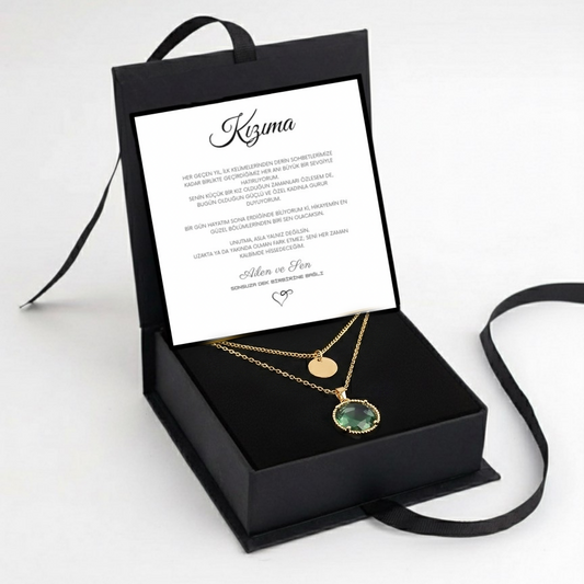 "Kızıma" Zümrüt Renk Damga Kolye Anlamlı Not ve Kutulu