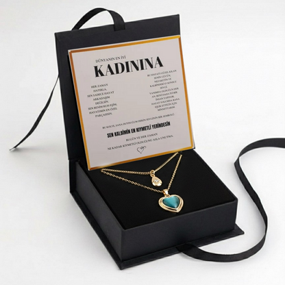 "Kadınına" Deniz Mavisi İkili Kalp Kolye Anlamlı Not ve Kutulu