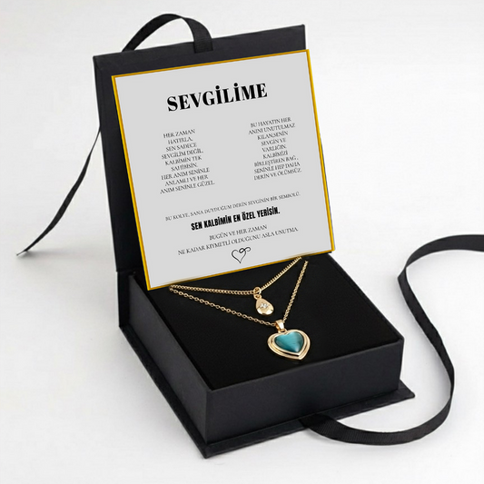 "Sevgilime" Deniz Mavisi İkili Kalp Kolye Anlamlı Not ve Kutulu
