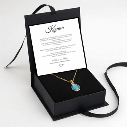 "Kızıma" Deniz Mavisi Doğal Taşlı Damla Kolye Anlamlı Not ve Kutulu