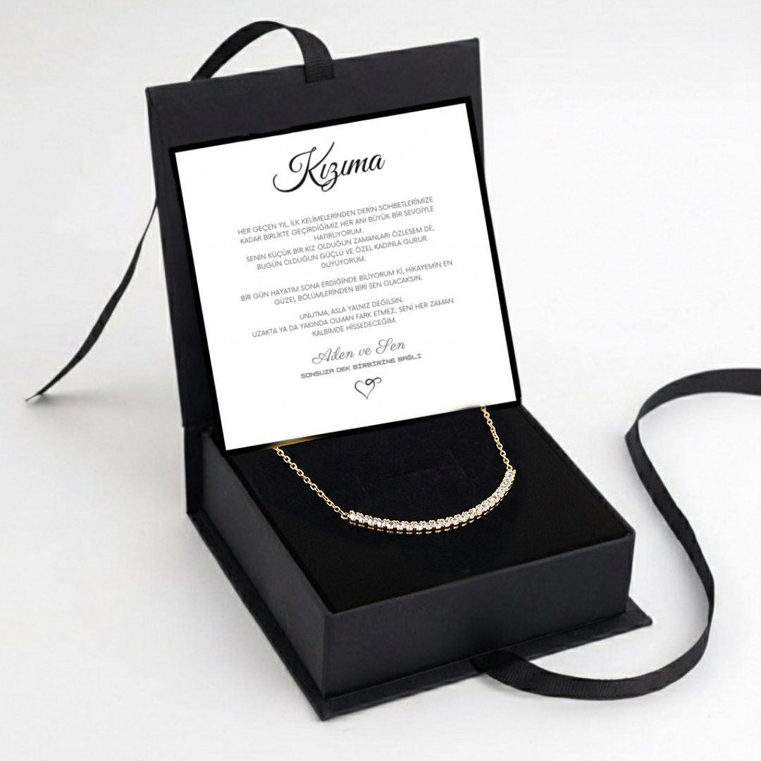 "Kızıma" Sıra Taşlı Gold Renk Kolye Anlamlı Not ve Kutulu