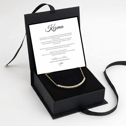 "Kızıma" Sıra Taşlı Gold Renk Kolye Anlamlı Not ve Kutulu