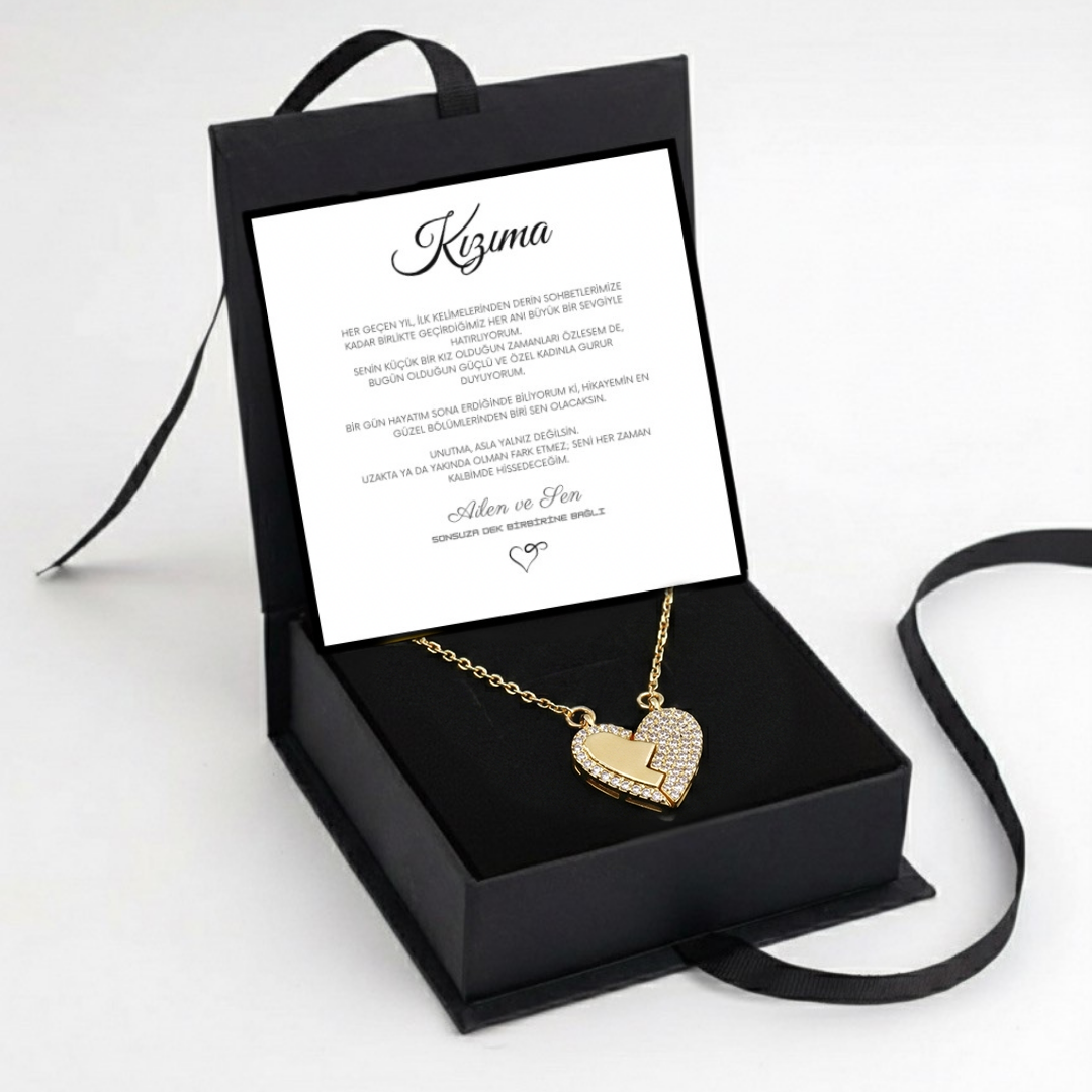 "Kızıma" Mıknatıslı Kalbim Sende Kolye Anlamlı Not ve Kutulu