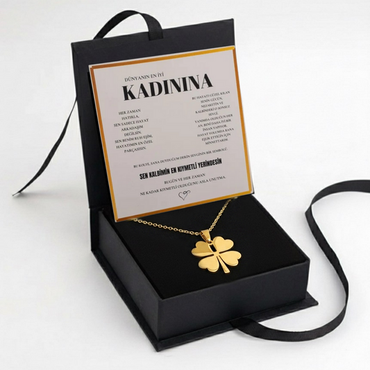 "Kadınına" Yonca Çiçeği Kolye Anlamlı Not ve Kutulu