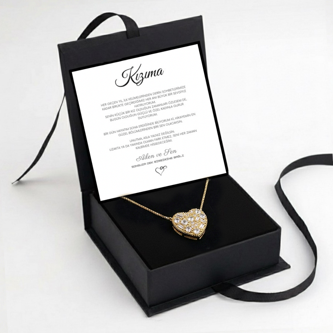 "Kızıma" Elmas İşlemeli Kalp Kolye Notlu ve Kutulu