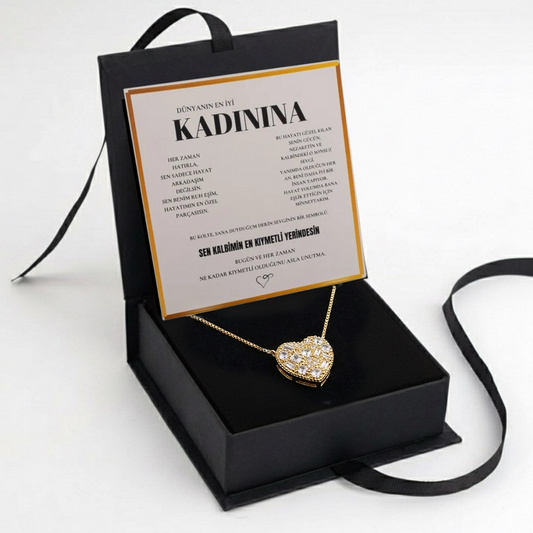 "Kadınına" Elmas İşlemeli Kalp Kolye Notlu ve Kutulu