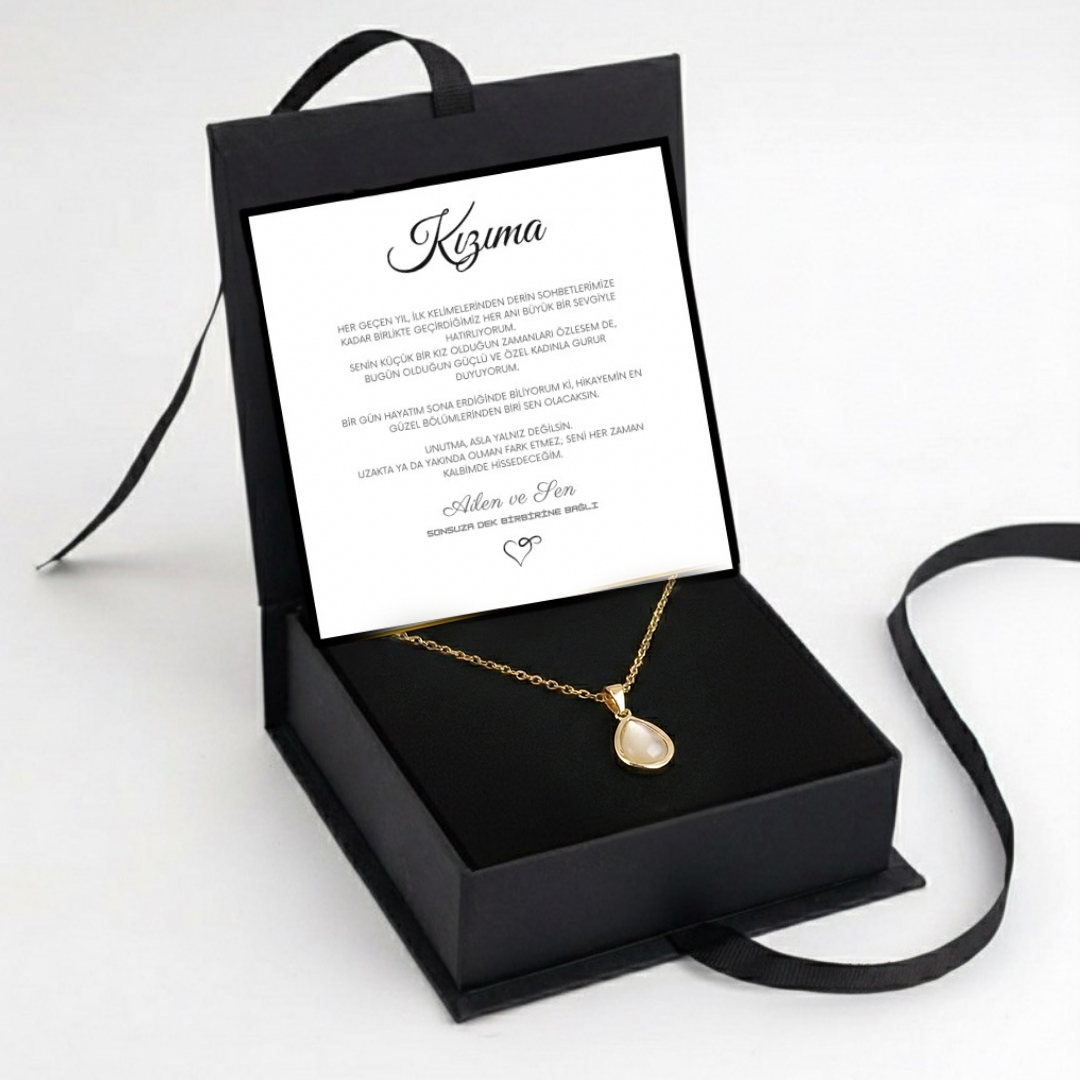 "Kızıma" Doğal Taşlı Damla Kolye Anlamlı Not ve Kutulu