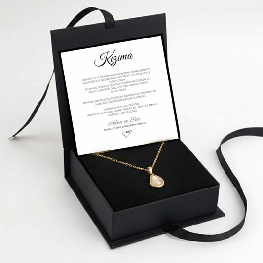 "Kızıma" Doğal Taşlı Damla Kolye Anlamlı Not ve Kutulu