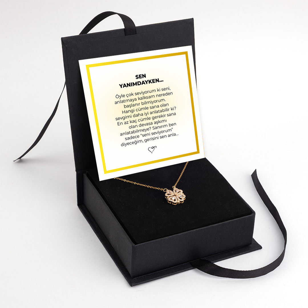 ''Sen Yanımdayken'' Yonca Kolye Anlamlı Not ve Kutulu