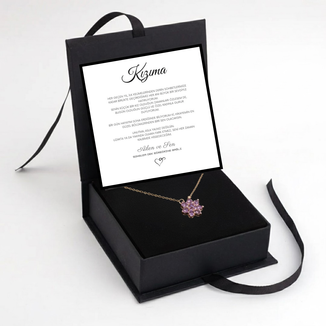 “Kızıma” Mor Yıldız Çiçeği Kolye Anlamlı Notlu ve Kutulu