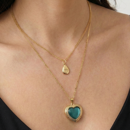 "Kadınına" Deniz Mavisi İkili Kalp Kolye Anlamlı Not ve Kutulu