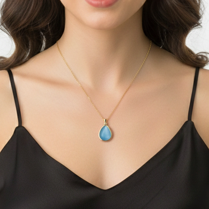 "Kadınına" Deniz Mavisi Doğal Taşlı Damla Kolye Anlamlı Not ve Kutulu