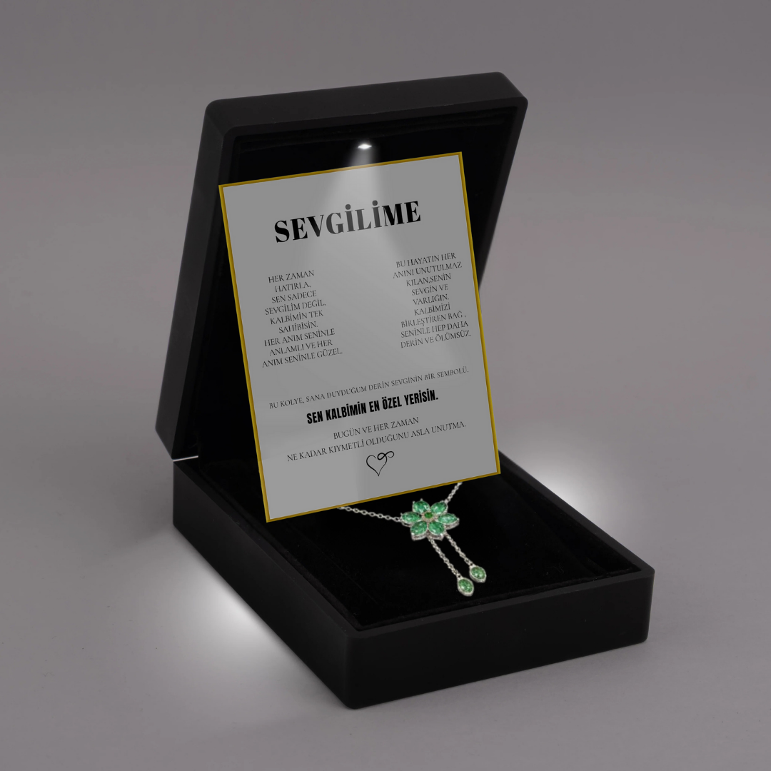 "Sevgilime" Zümrüt Taşlı Bronş Kolye Notlu ve Kutulu