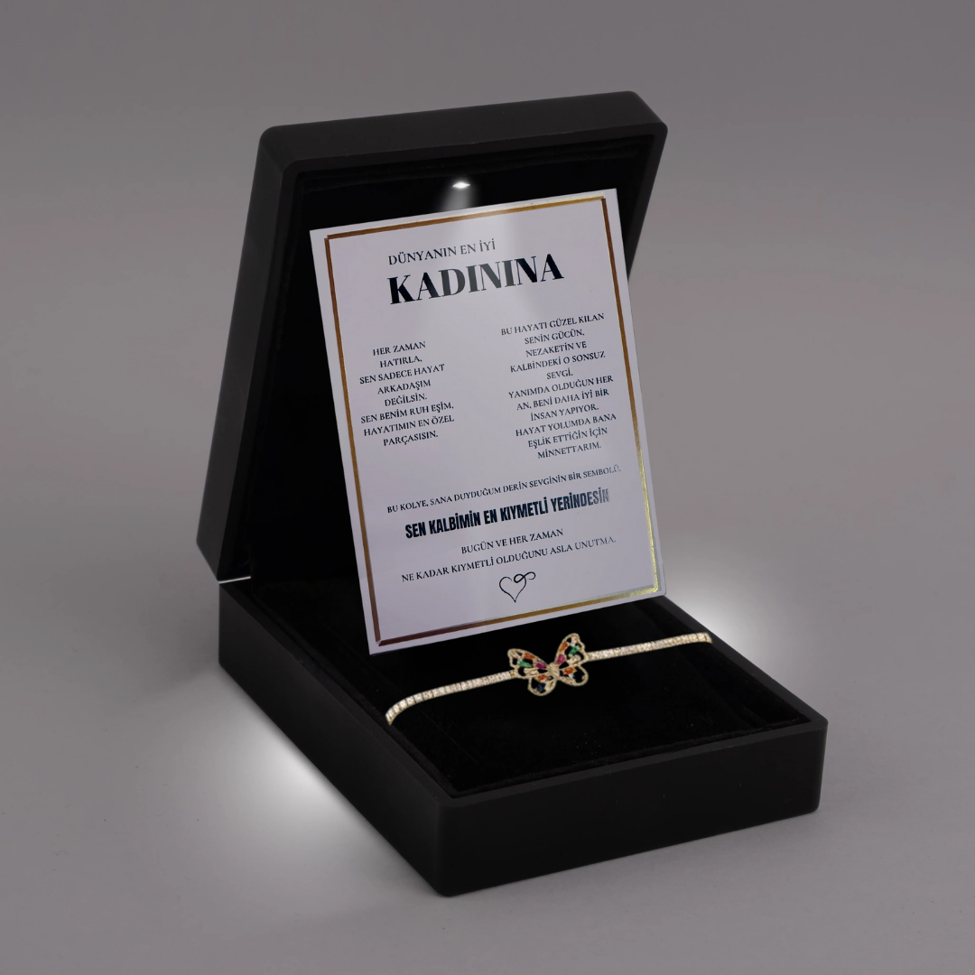 "Kadınına" Harmoni Kristal Taşlı Kelebek Bileklik Notlu ve Kutulu