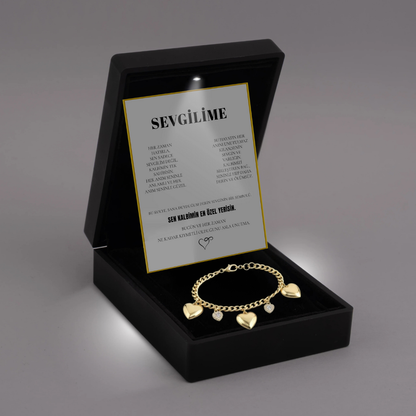 "Sevgilime" Aşk Zinciri Kalpli Charmlı Bileklik Notlu ve Kutulu