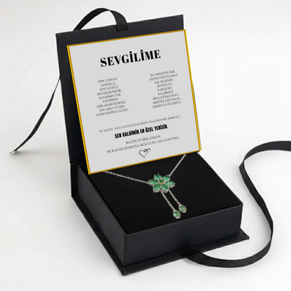 "Sevgilime" Zümrüt Taşlı Bronş Kolye Notlu ve Kutulu