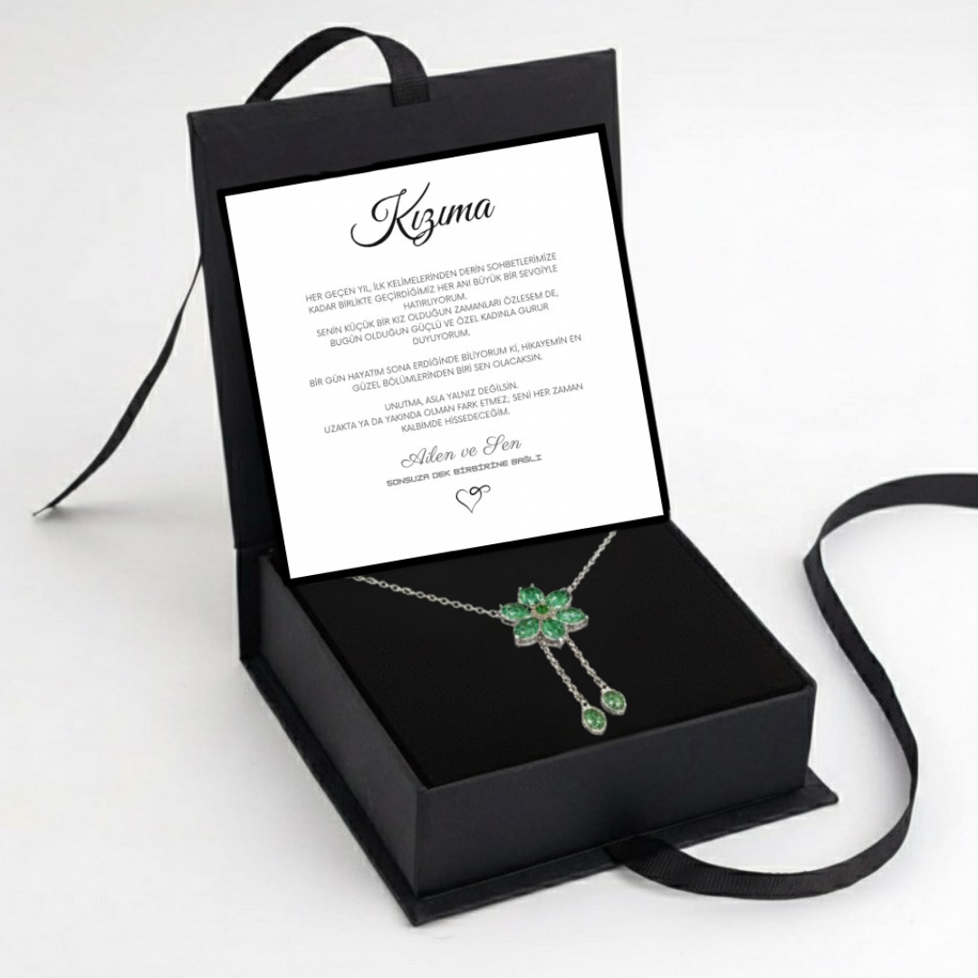 "Kızıma" Zümrüt Taşlı Bronş Kolye Notlu ve Kutulu