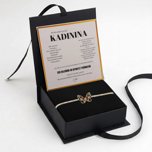 "Kadınına" Harmoni Kristal Taşlı Kelebek Bileklik Notlu ve Kutulu
