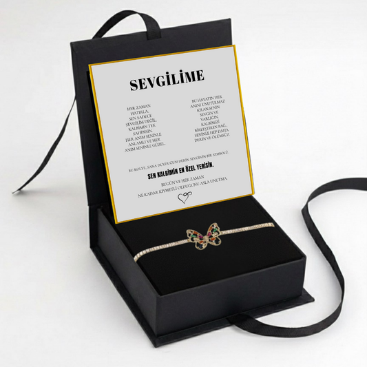 "Sevgilime" Harmoni Kristal Taşlı Kelebek Bileklik Notlu ve Kutulu