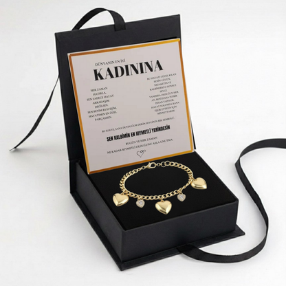 "Kadınına" Balon Kalpli, Charmlı Bileklik Notlu ve Kutulu