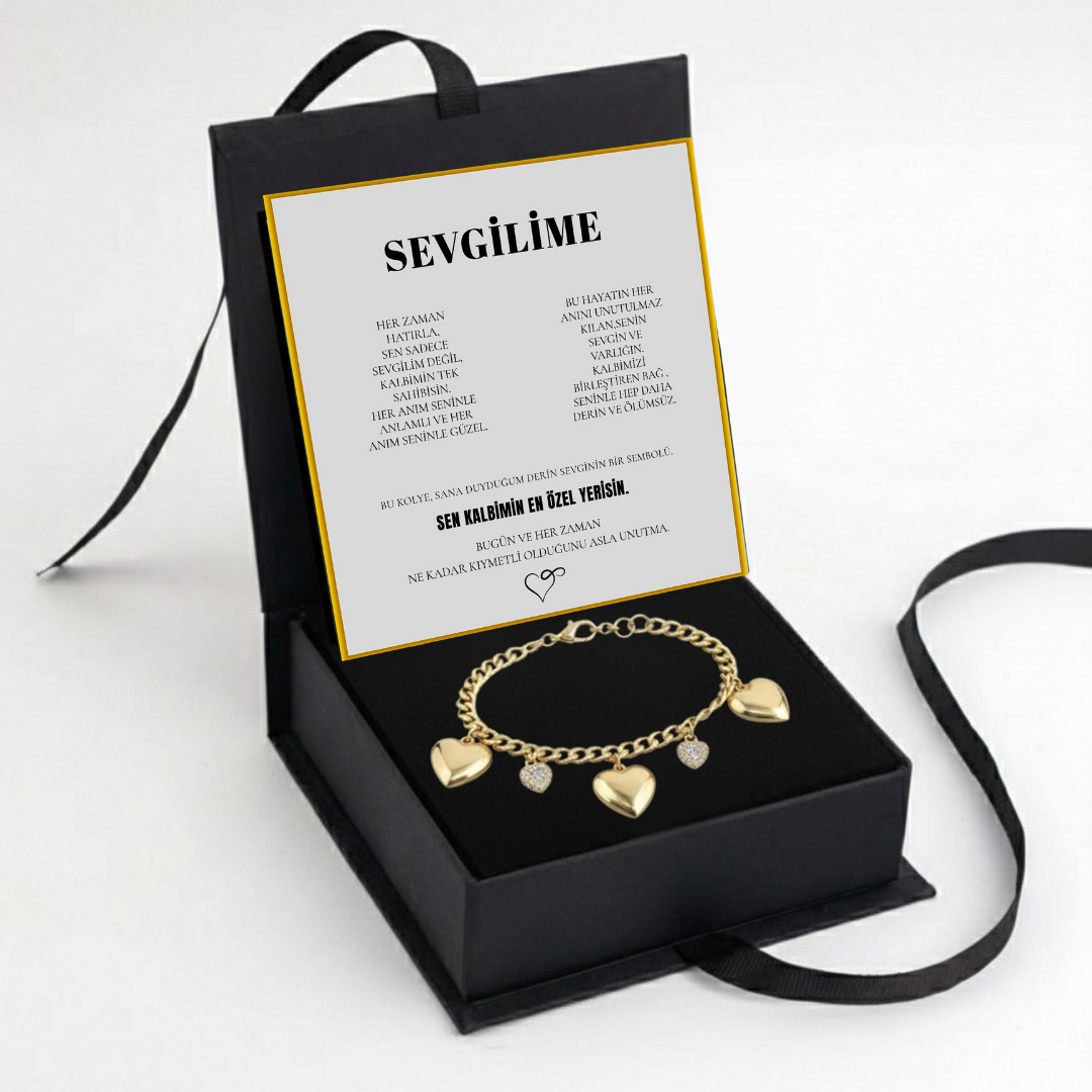 "Sevgilime" Aşk Zinciri Kalpli Charmlı Bileklik Notlu ve Kutulu