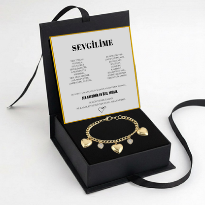 "Sevgilime" Aşk Zinciri Kalpli Charmlı Bileklik Notlu ve Kutulu