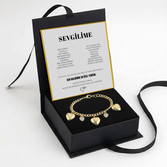"Sevgilime" Aşk Zinciri Kalpli Charmlı Bileklik Notlu ve Kutulu
